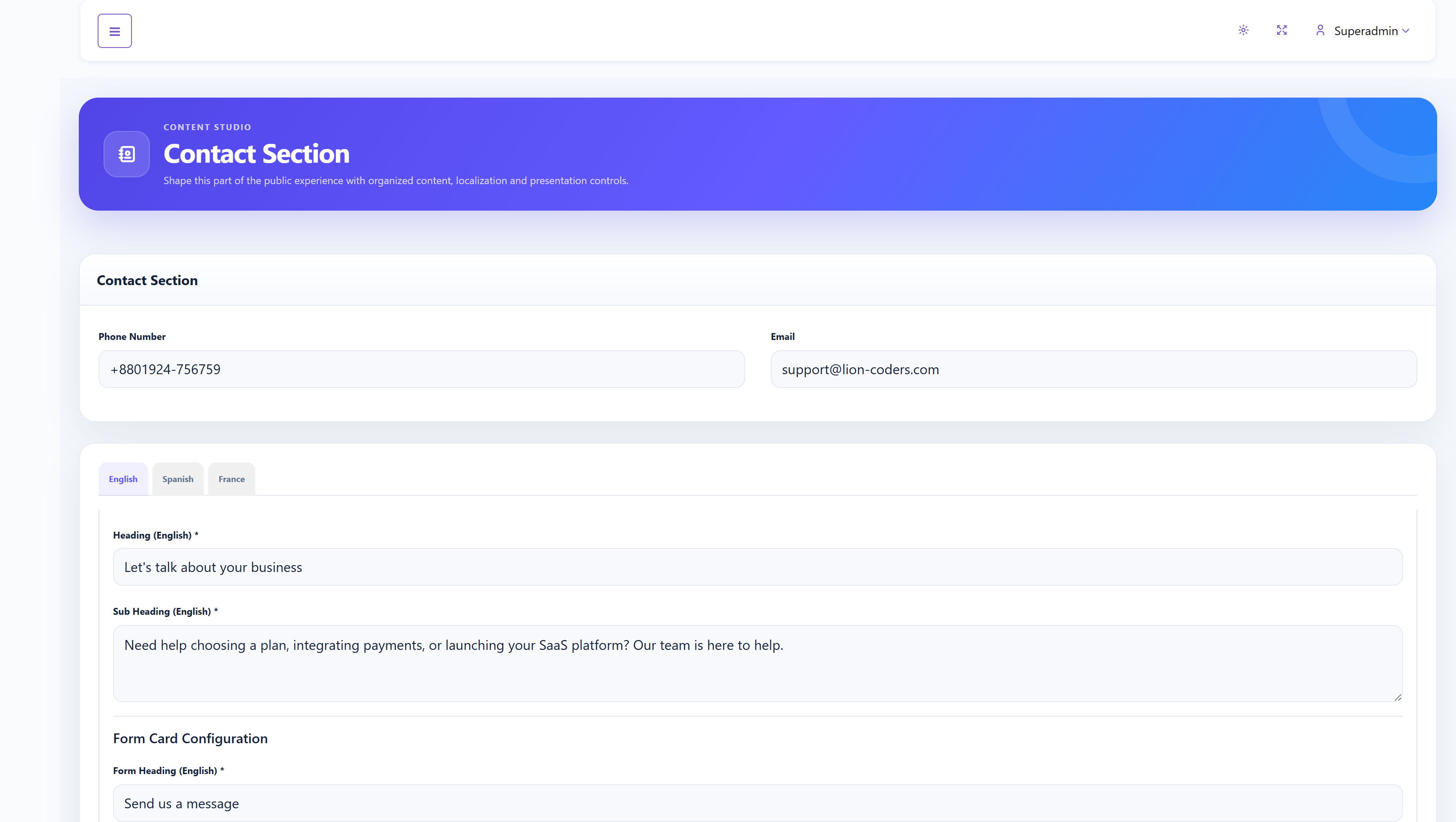 SalePro SaaS CMS Contact Section settings