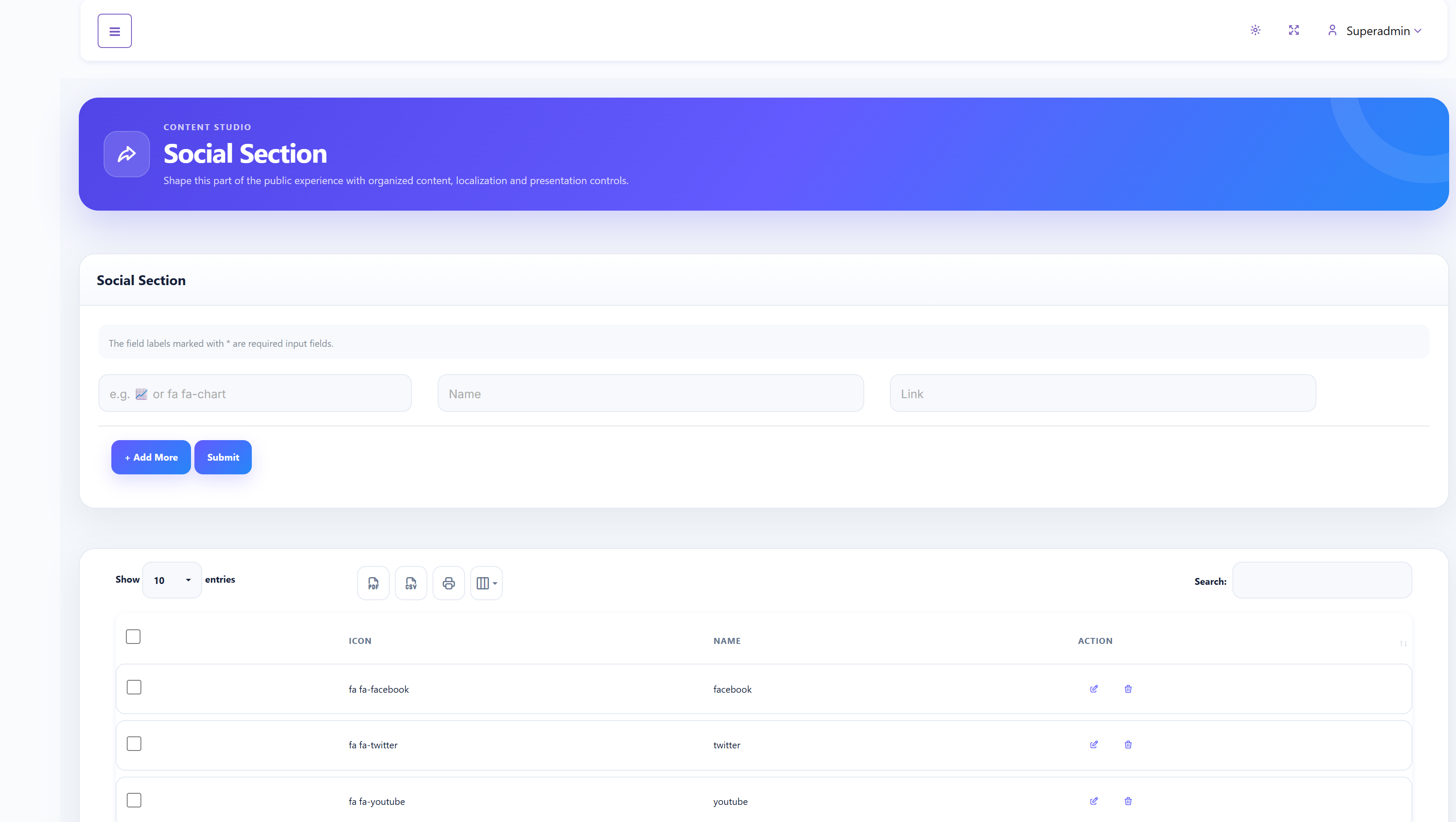SalePro SaaS CMS Social Section management