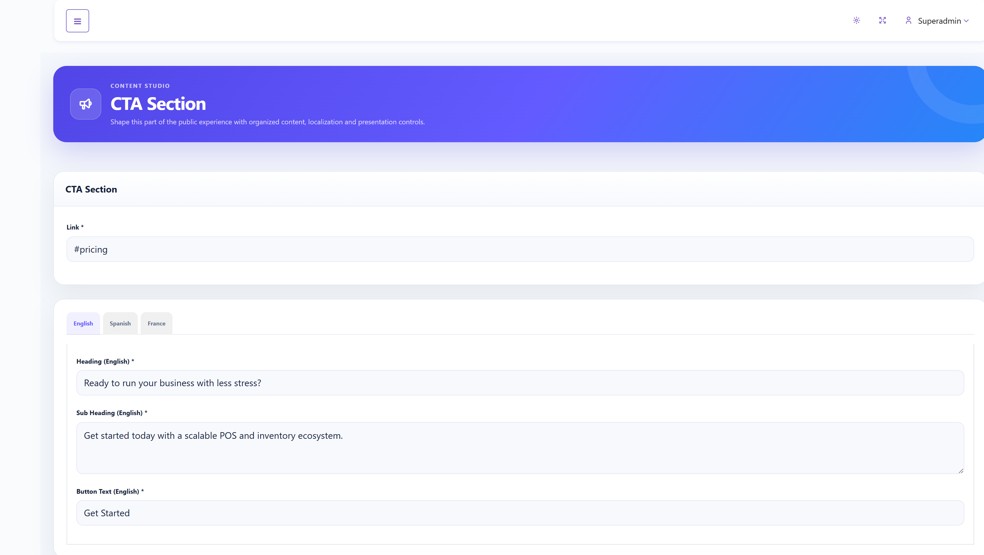 SalePro SaaS CMS CTA Section editor