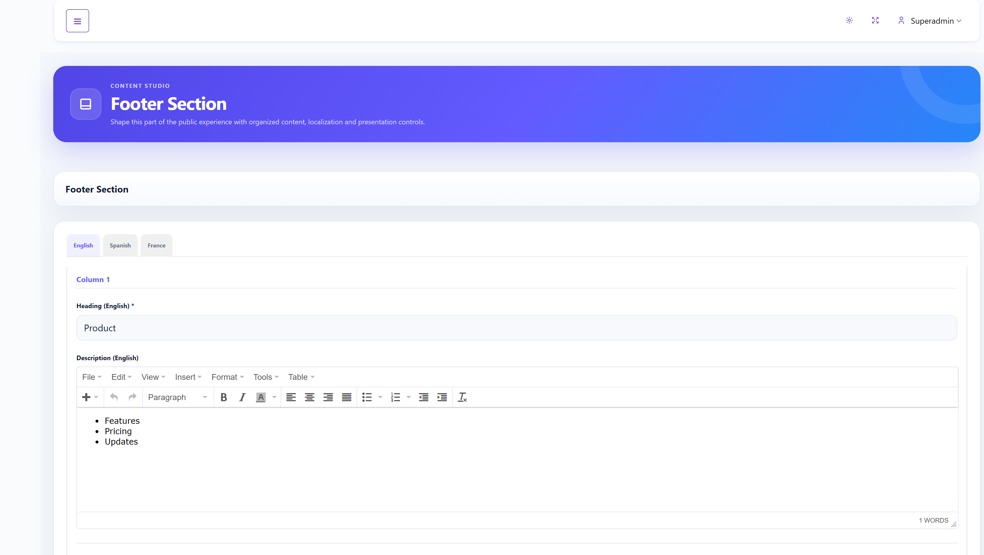 SalePro SaaS CMS Footer Section editor