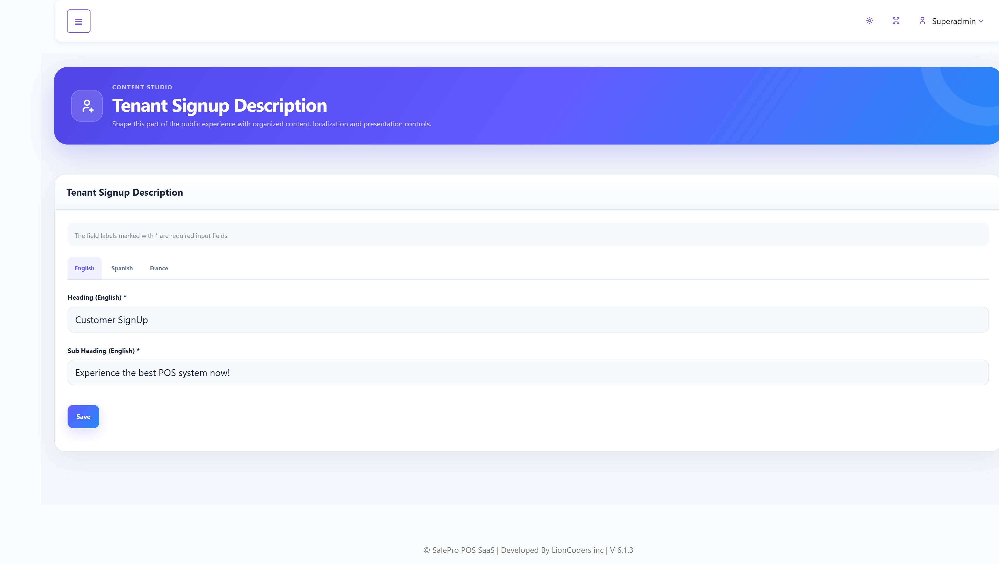 SalePro SaaS Tenant Signup Description editor