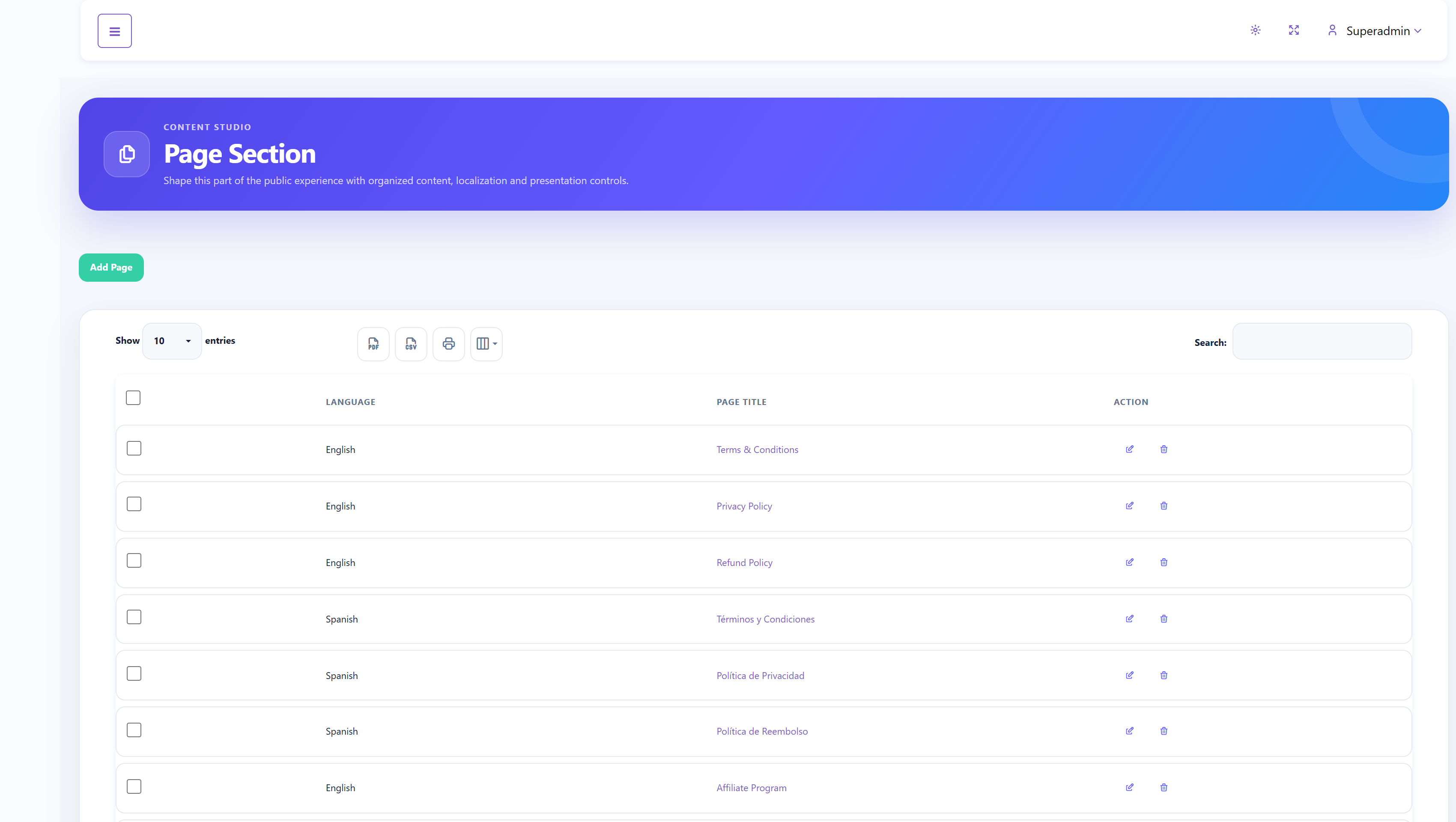 SalePro SaaS CMS Page Section list