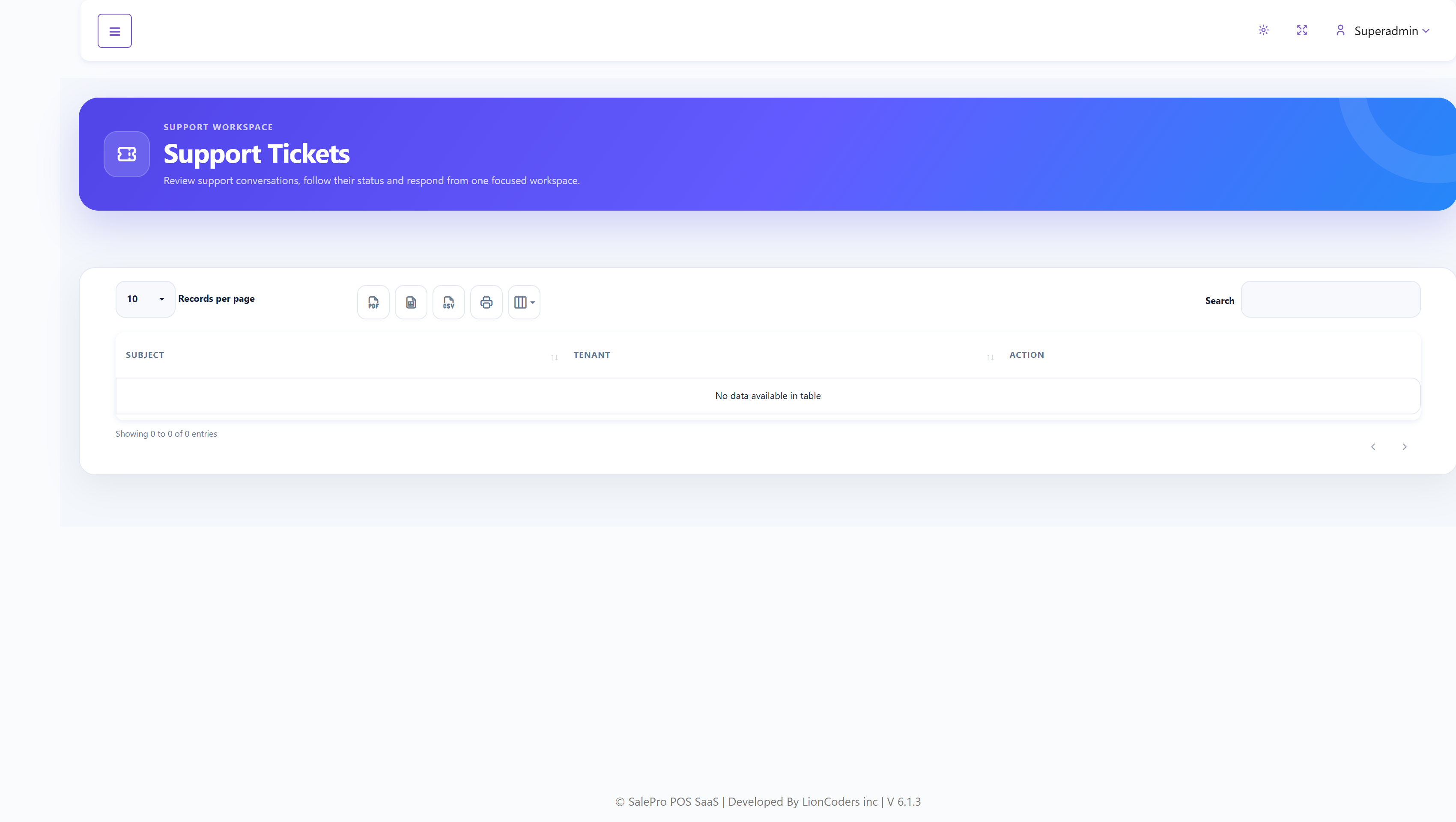 SalePro SaaS Super Admin Support Tickets list