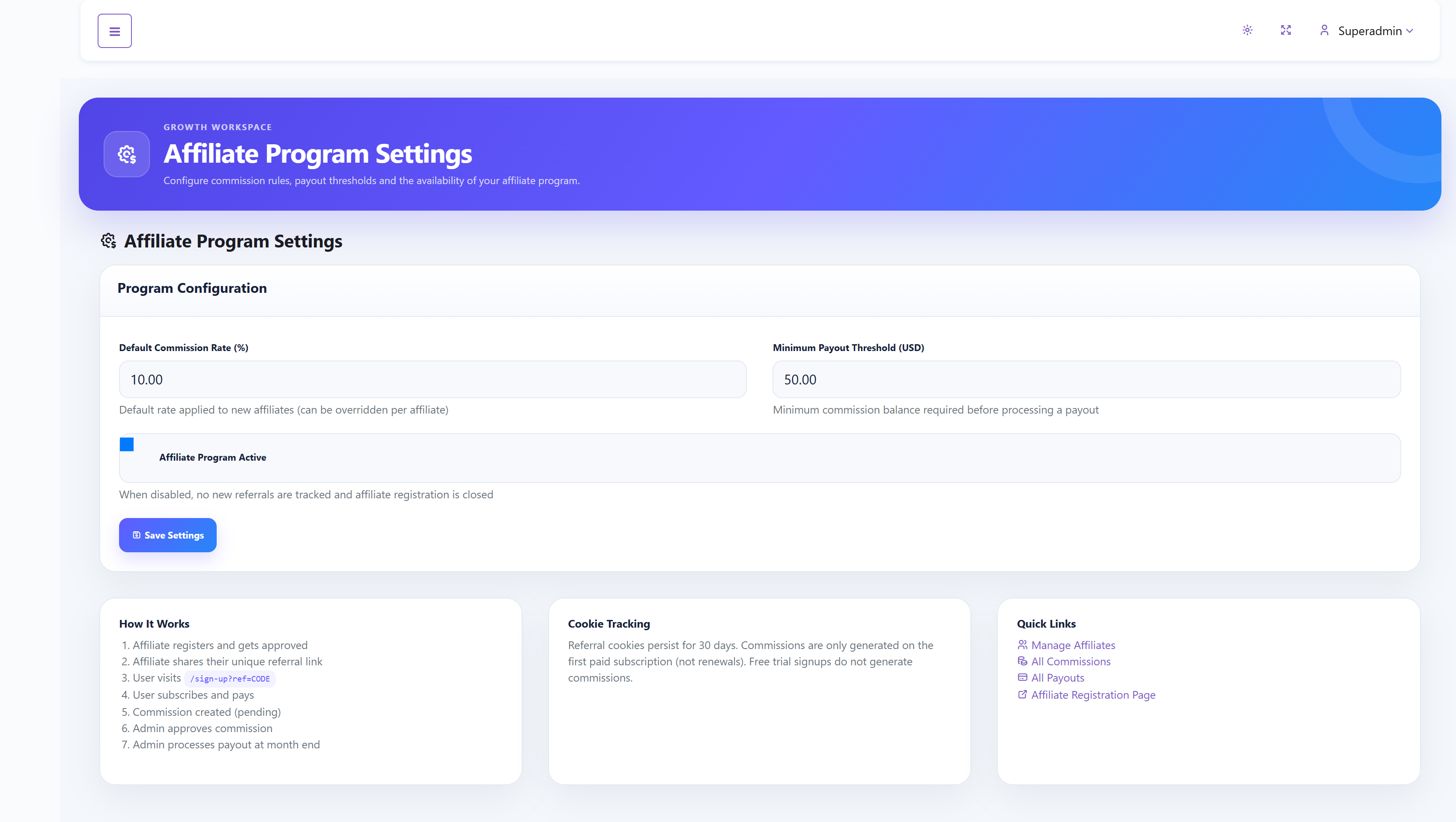 SalePro SaaS Affiliate Program Settings