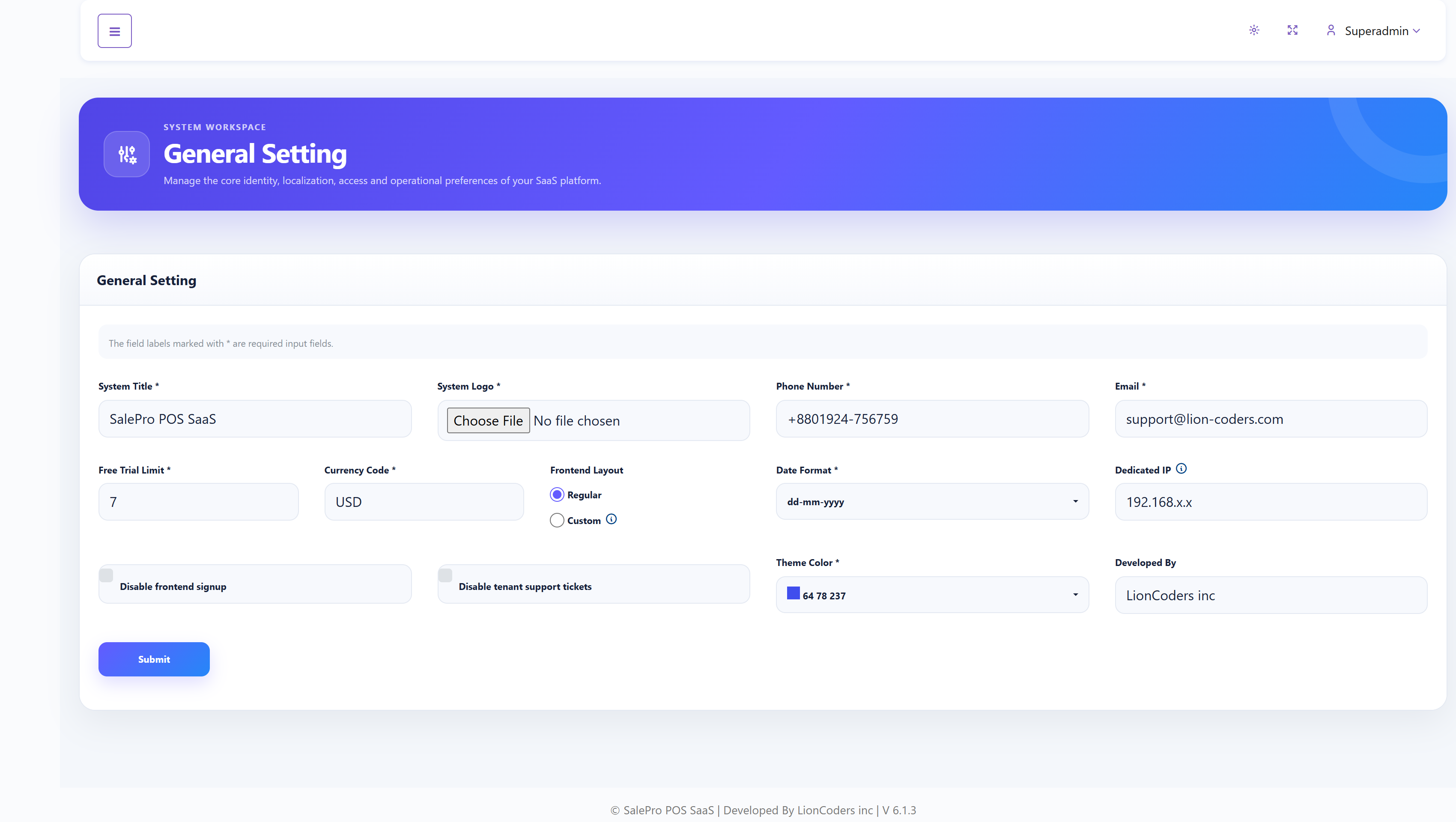 SalePro SaaS Super Admin General Setting screen