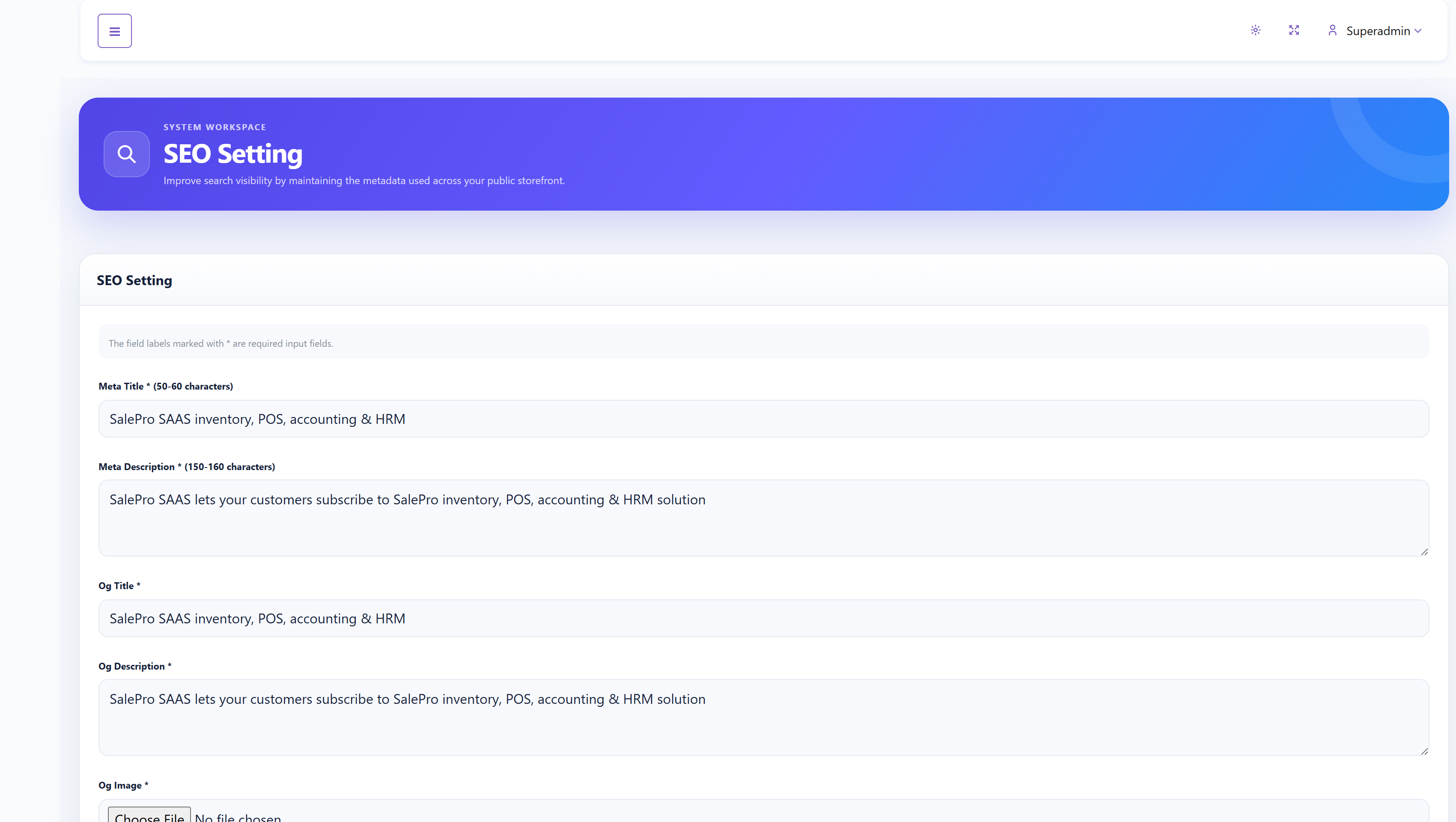 SalePro SaaS SEO settings