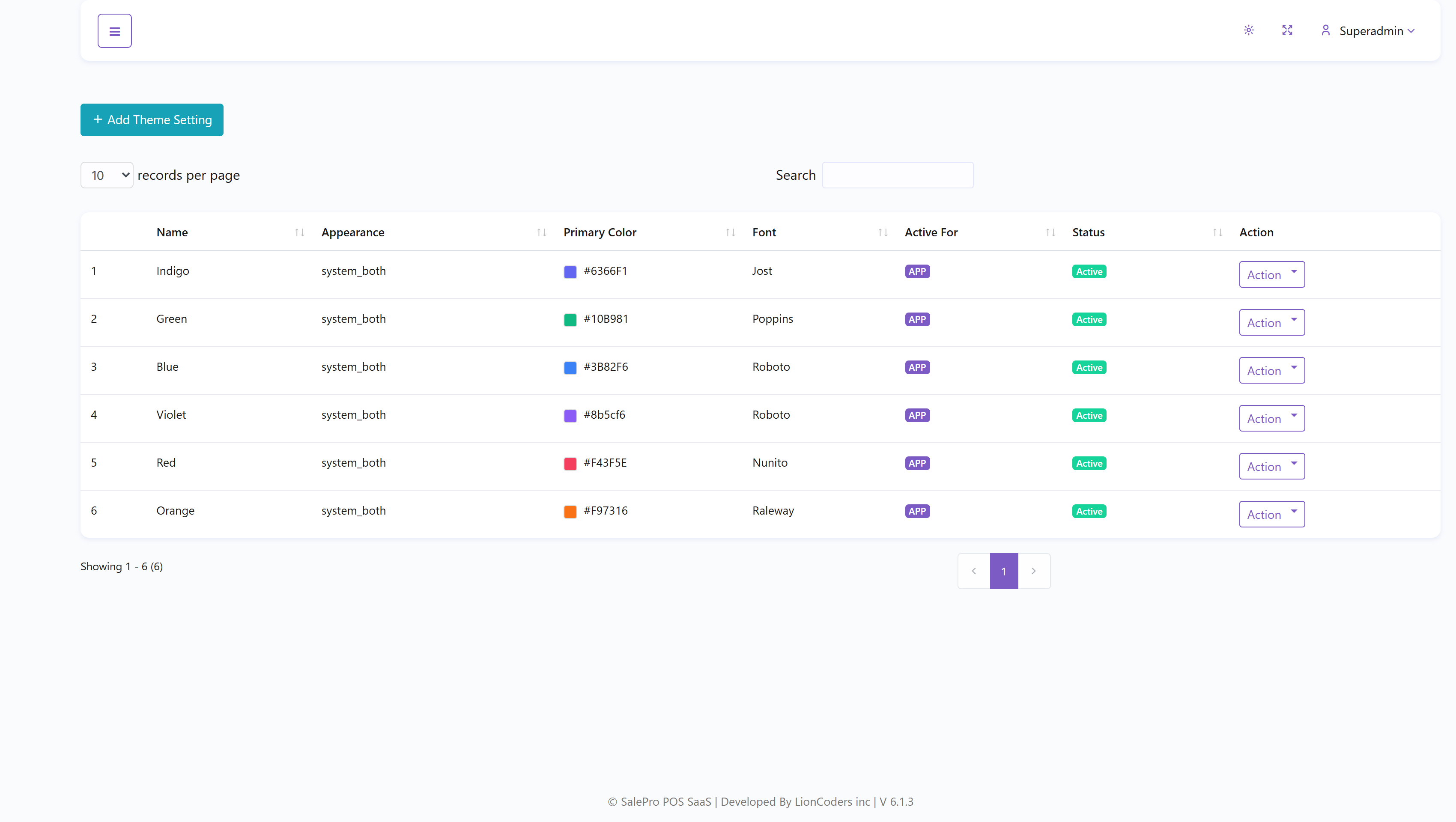 SalePro SaaS App Theme Settings list