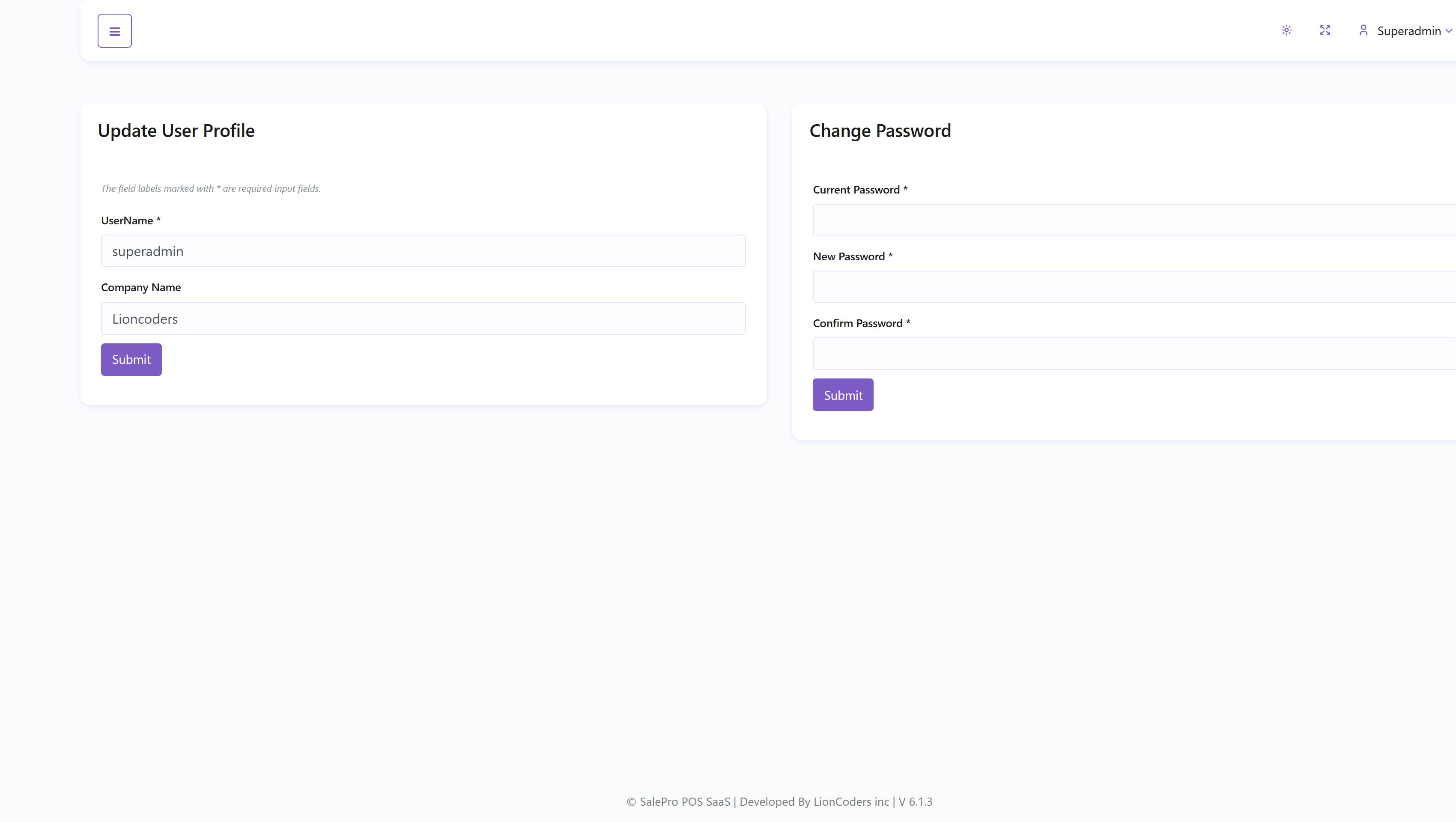 SalePro SaaS Super Admin profile and password settings