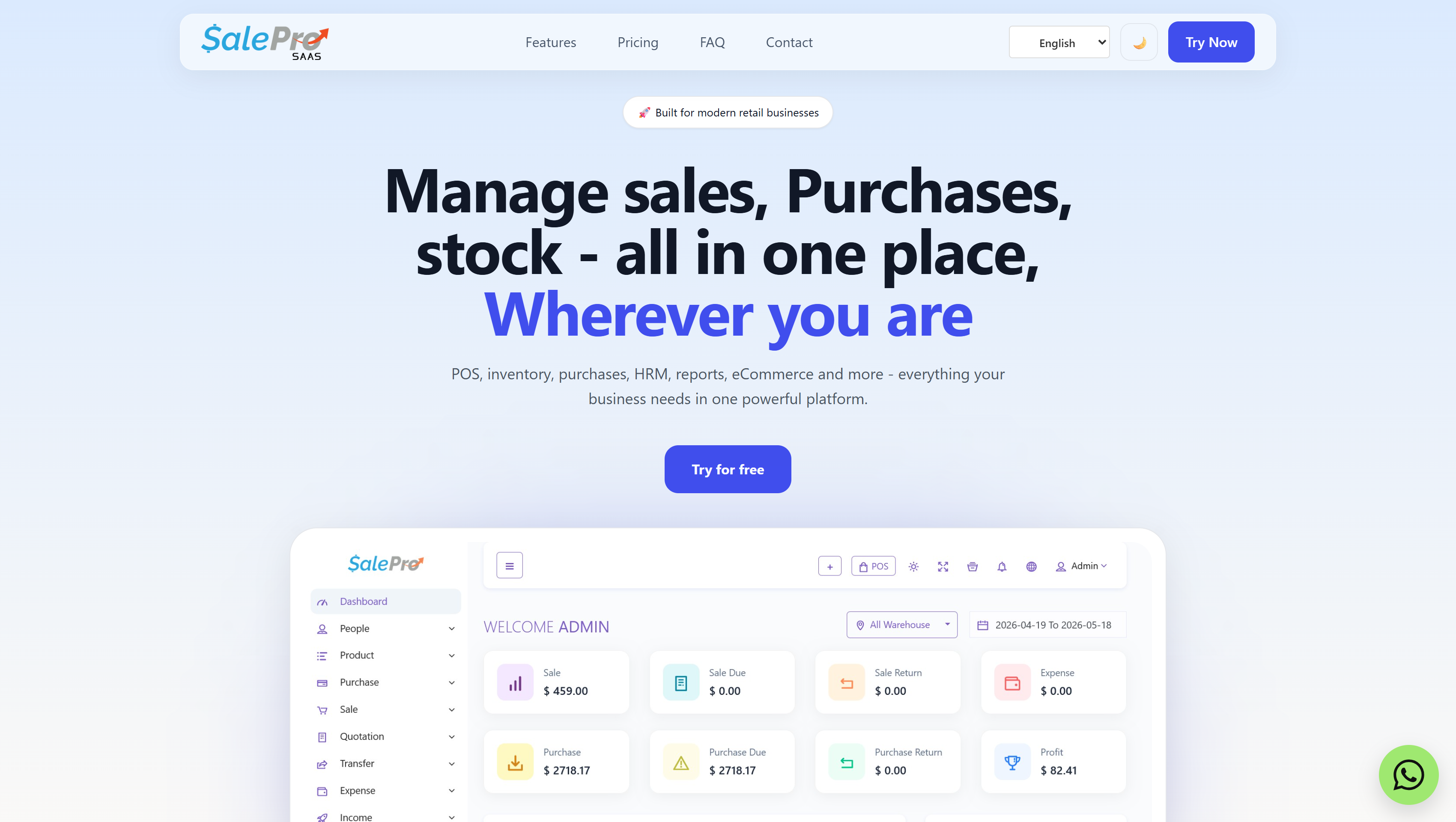 Public SalePro SaaS website opened from the Super Admin Frontend menu