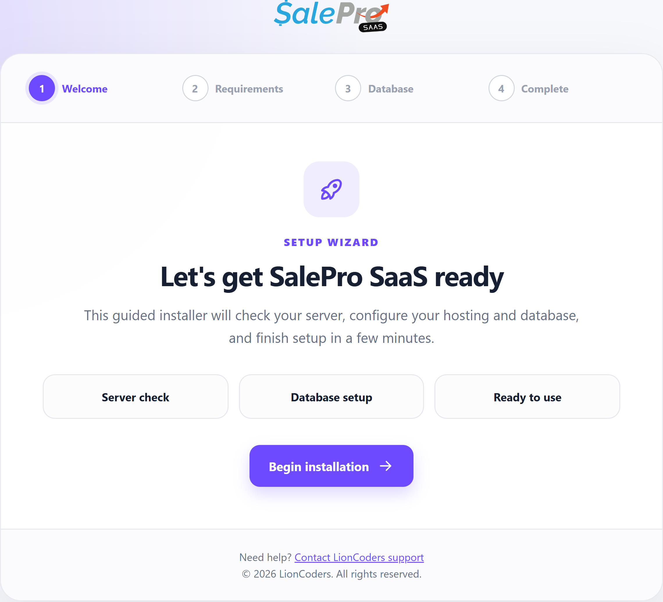 Current SalePro SaaS installer welcome screen