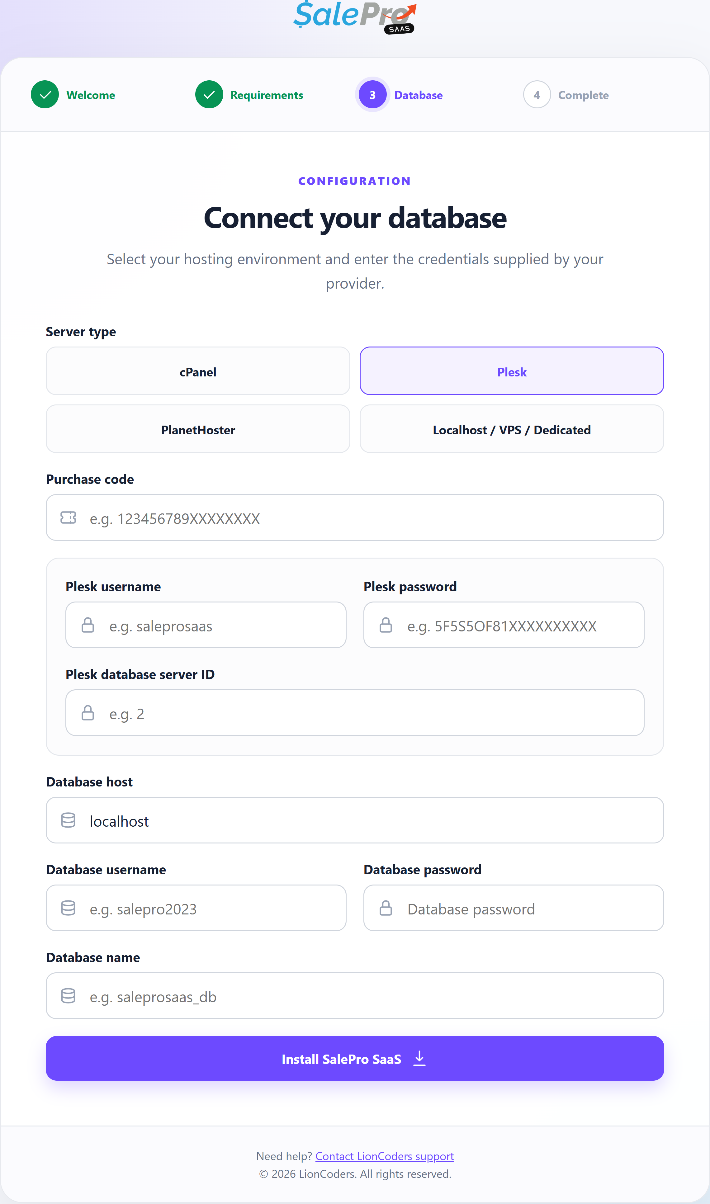 Current installer Plesk provider fields
