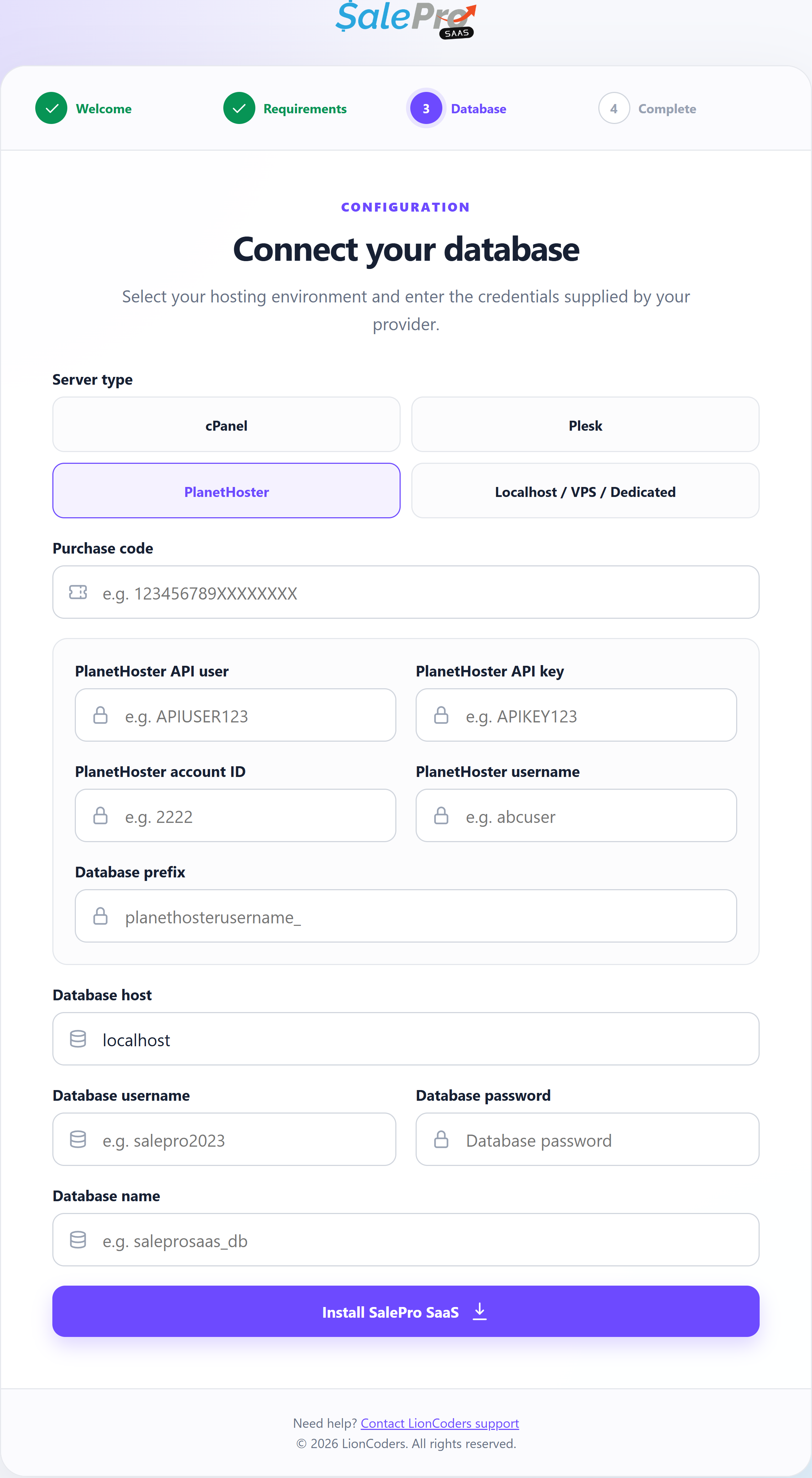 Current installer PlanetHoster provider fields