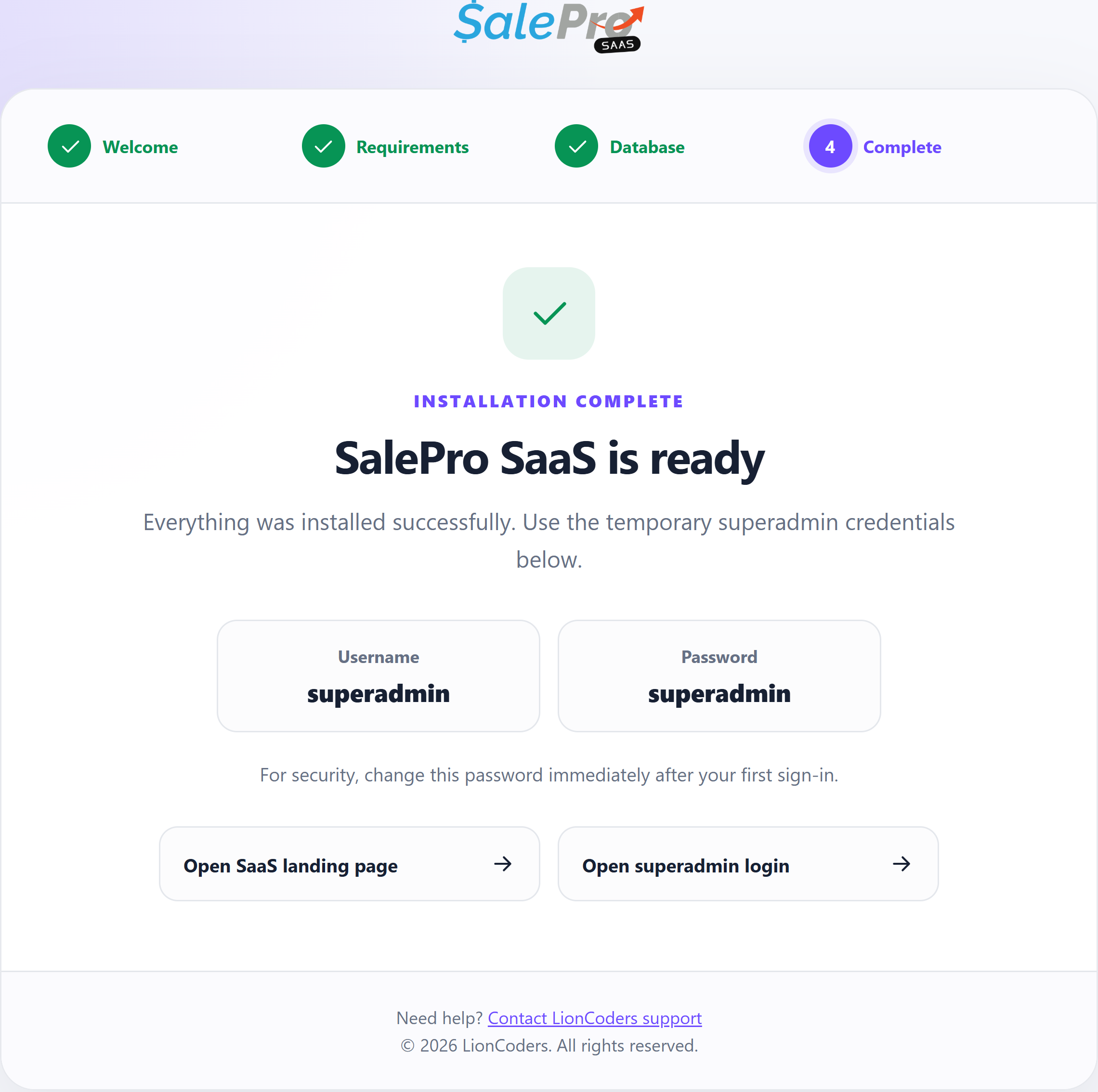Current SalePro SaaS installation completion screen with public initial credentials