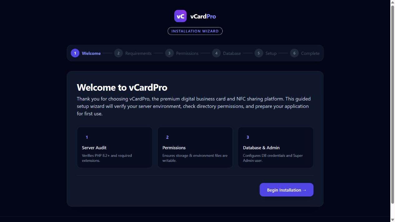 The vCardPro Welcome screen introduces the installation wizard.