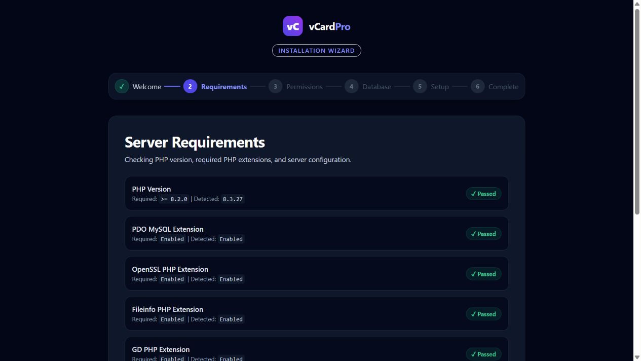 Server Requirements checks PHP and the extensions needed by vCardPro.