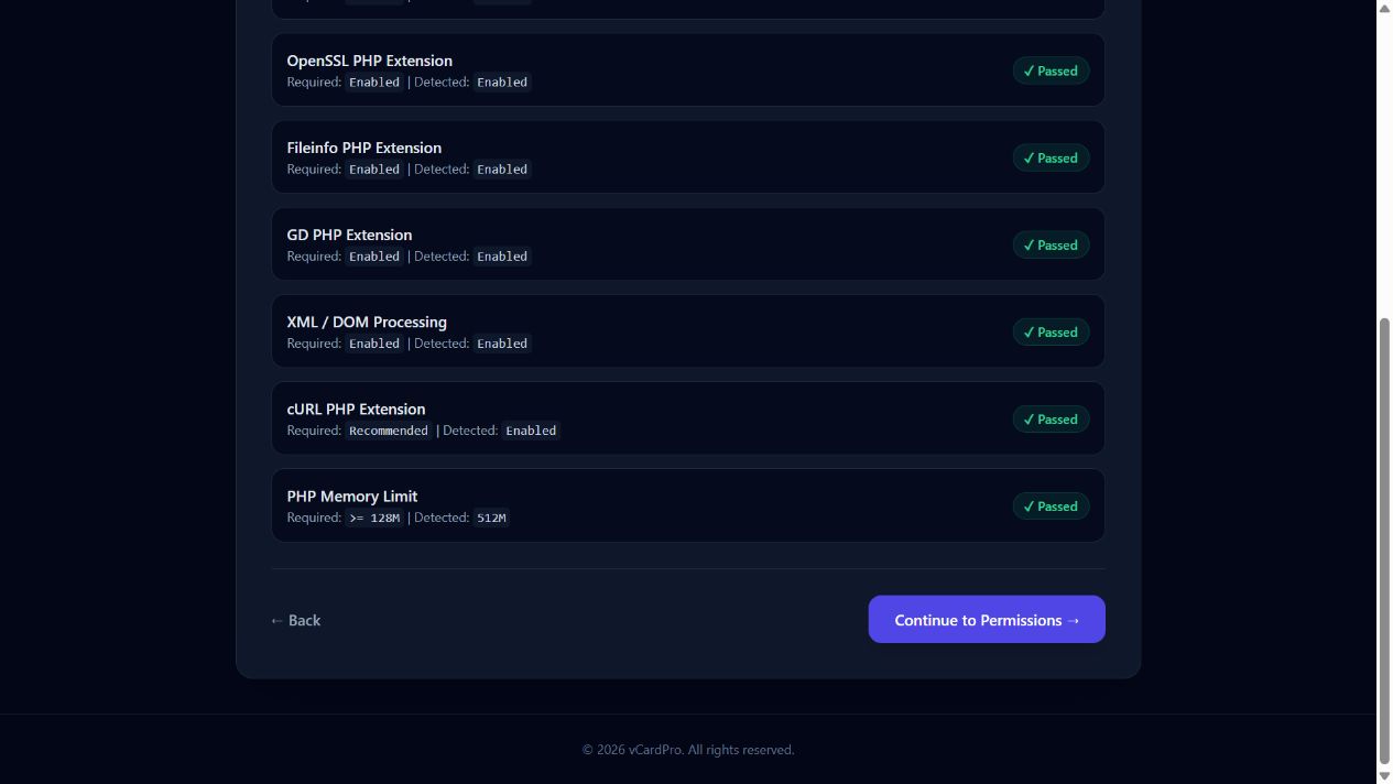Lower requirements checks and the Continue to Permissions action.