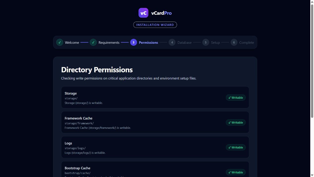 Directory Permissions checks application storage, cache, logs, and environment-file readiness.