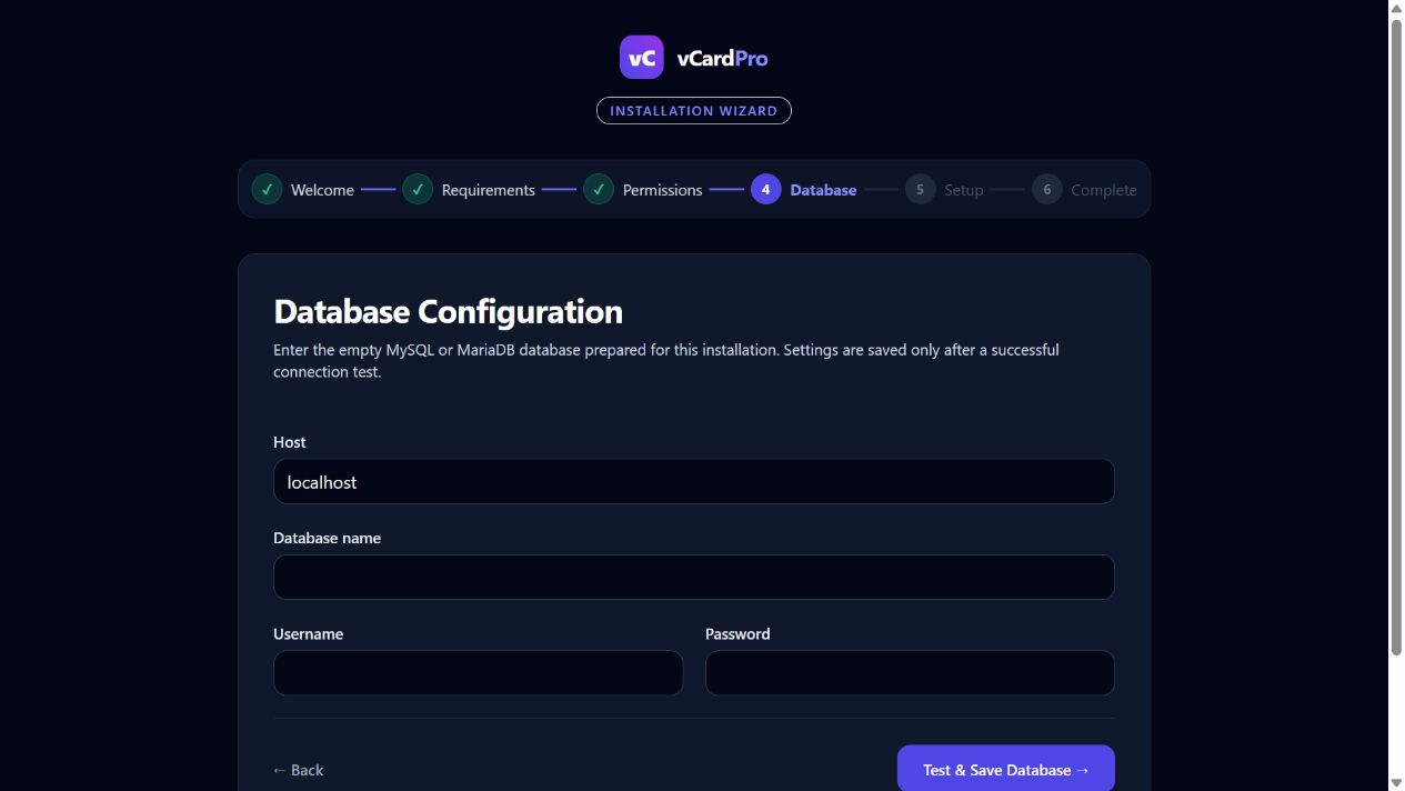 Database Configuration form. Database credentials are deliberately left empty in this preview.