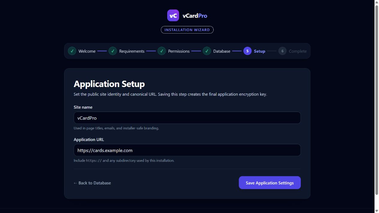 Application Setup with the site name and an example HTTPS application URL.