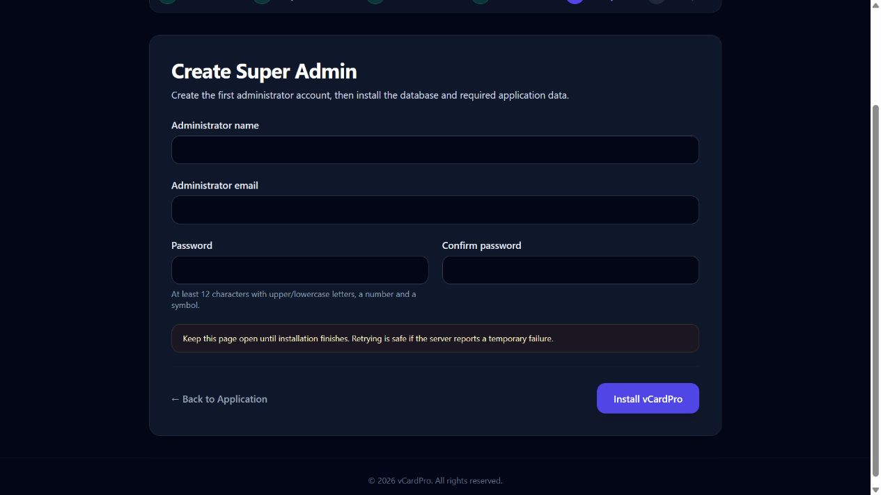 Create Super Admin form and the final Install vCardPro action; no credentials are entered in this preview.