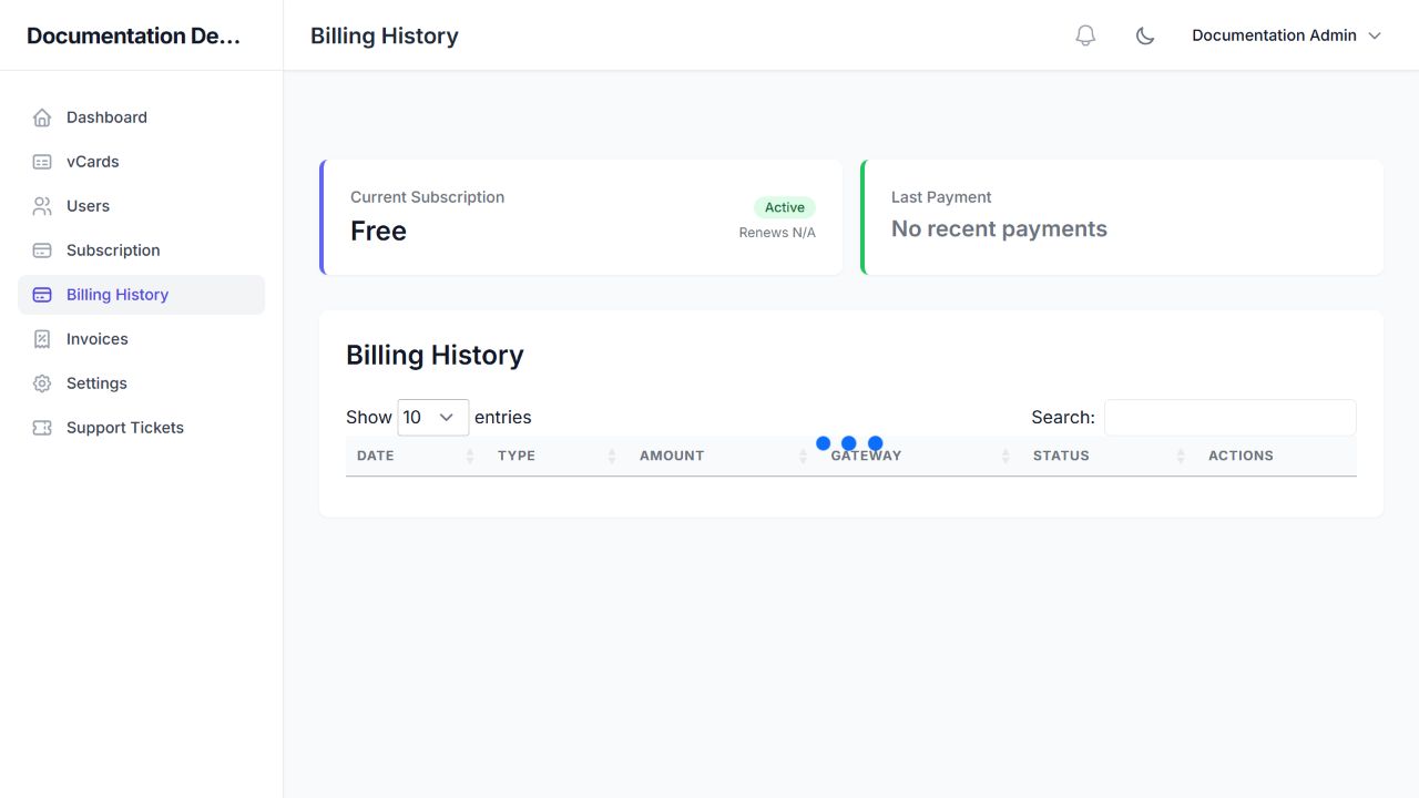 Billing History with an active Free plan and no recorded payments.
