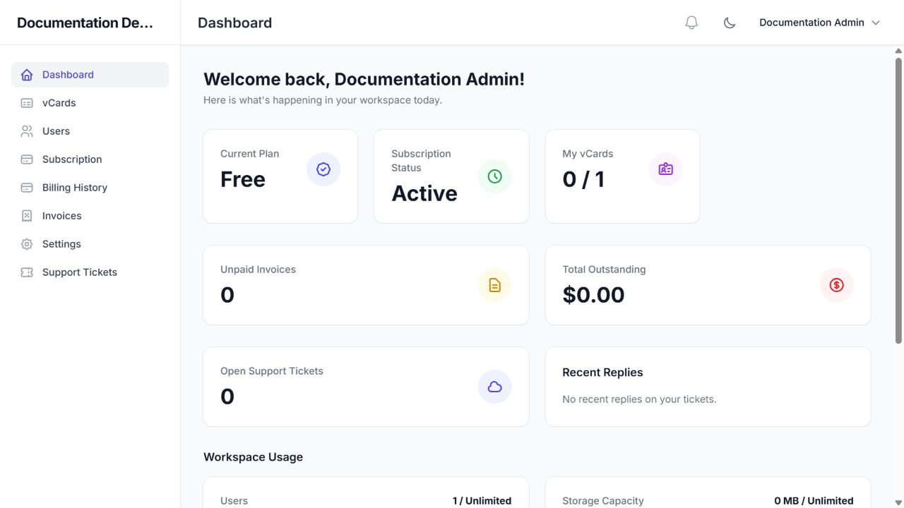 Tenant Dashboard showing plan, subscription, card quota, invoices, and support activity.