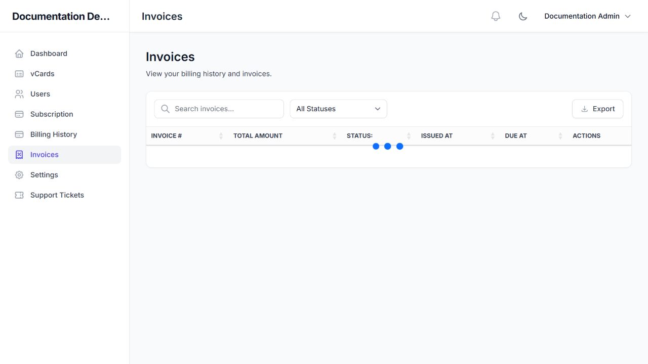 Tenant Invoices list with status filter and export control.