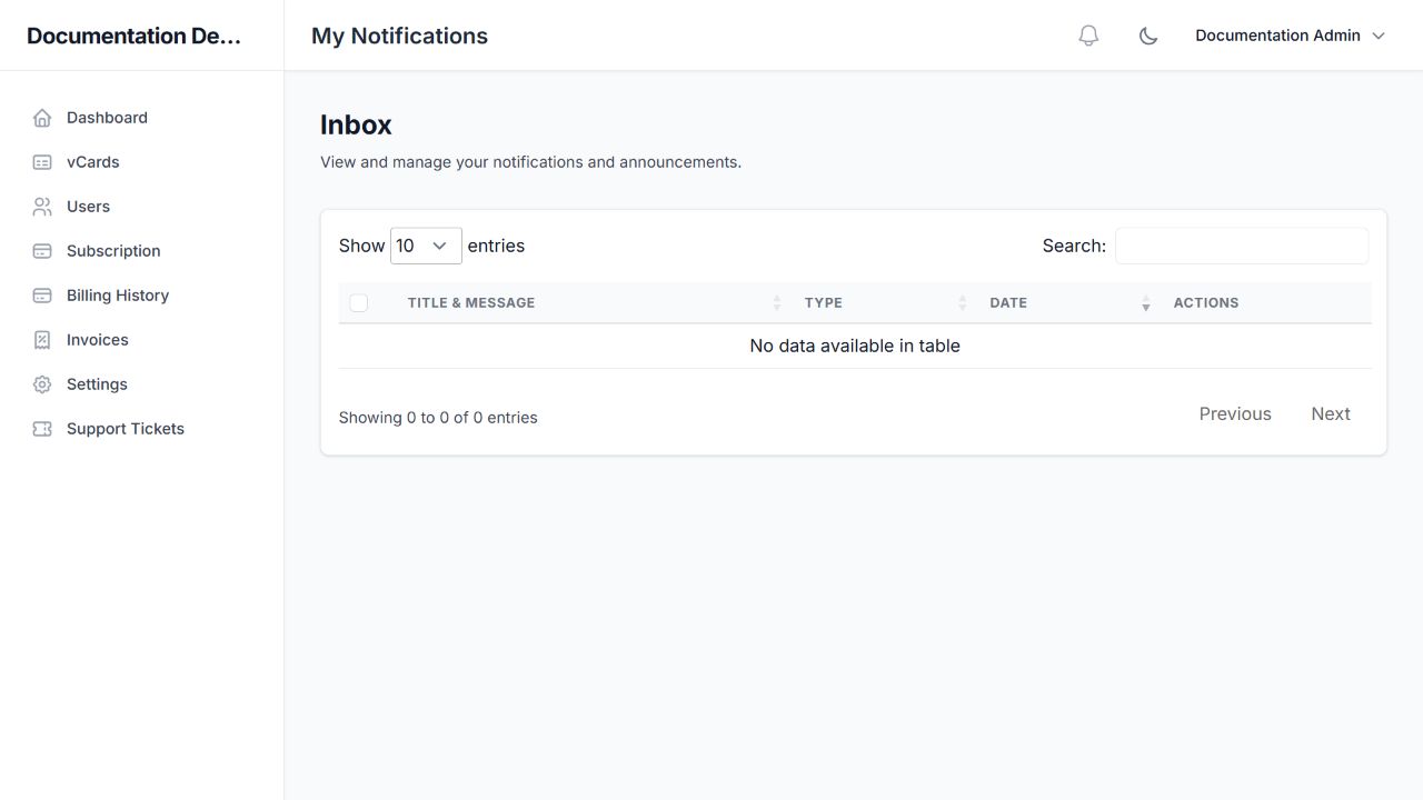 Tenant notification inbox, with no messages in the demonstration workspace.