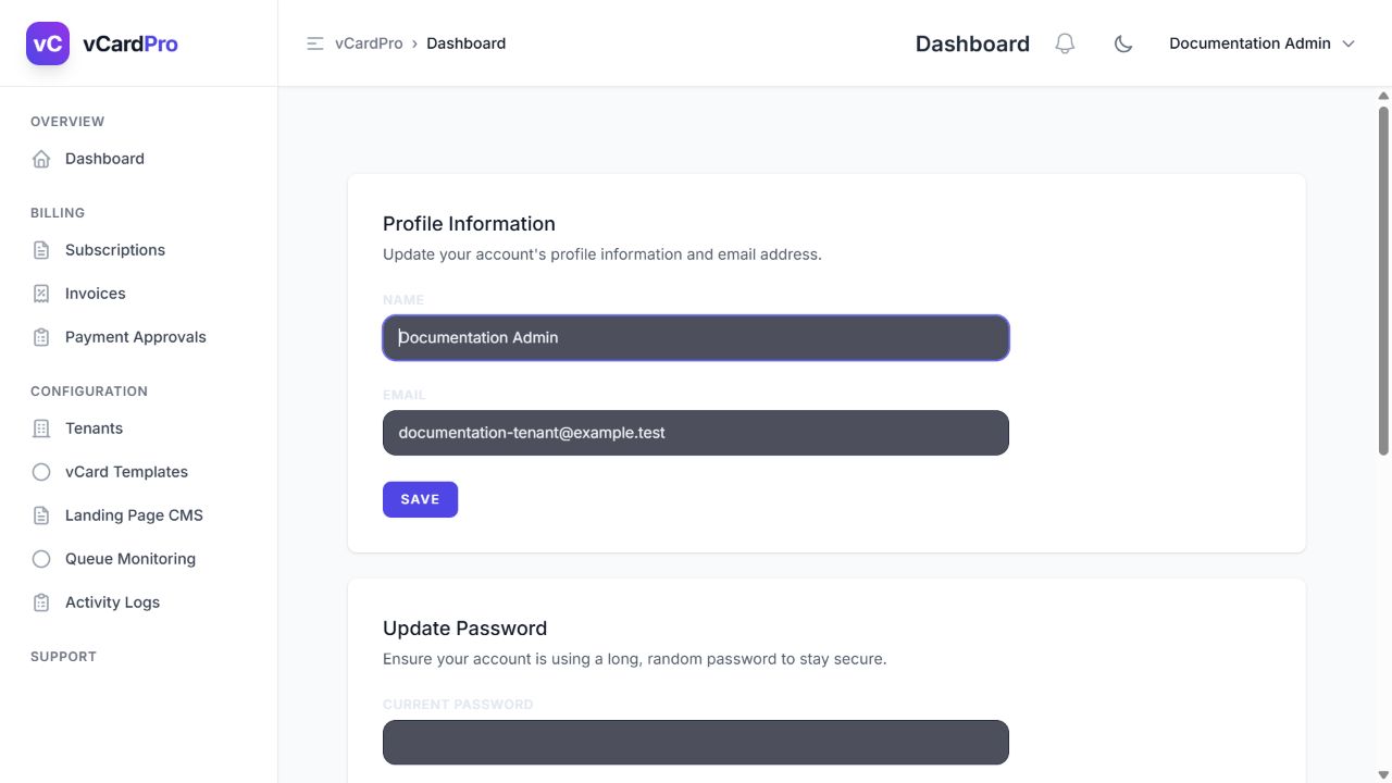 Tenant account profile. This build incorrectly displays an administrator-style sidebar on the profile page.