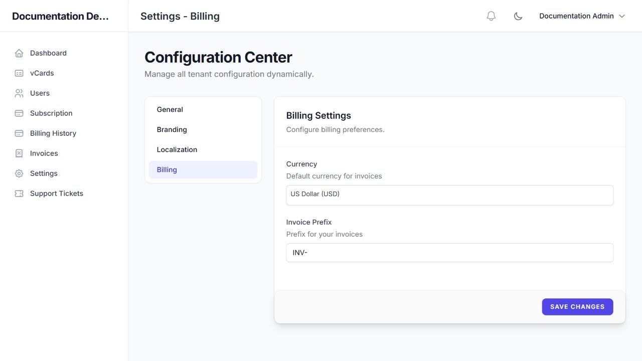 Tenant Settings → Billing: currency and invoice prefix.