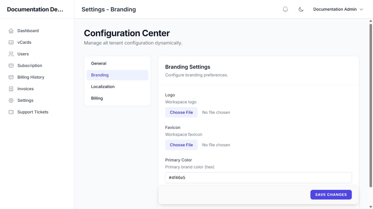 Tenant Settings → Branding: workspace logo, favicon, and color.