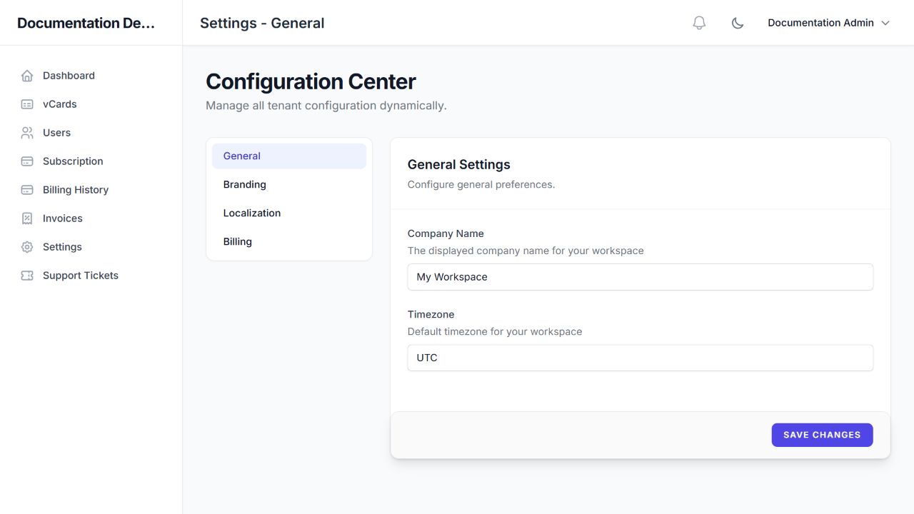 Tenant Settings → General: company name and timezone.
