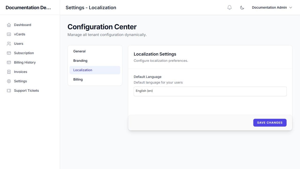 Tenant Settings → Localization: default language selector.