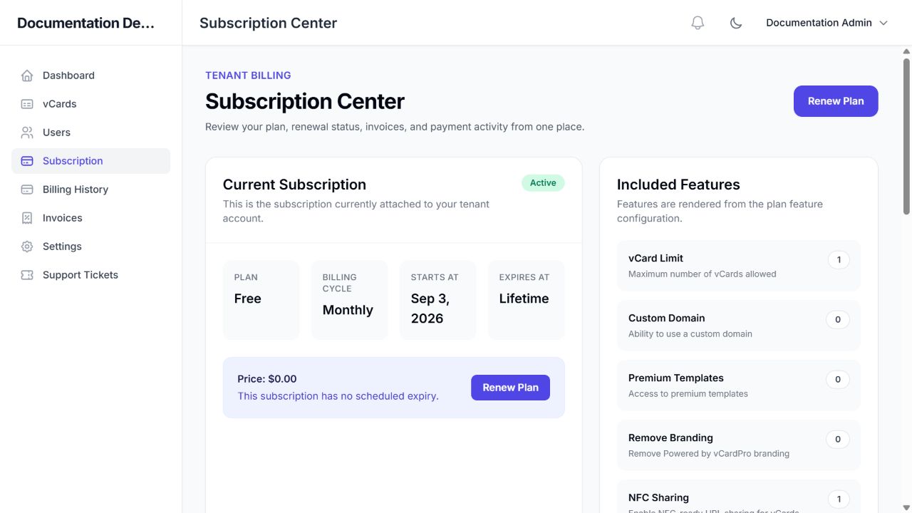 Subscription Center for an active Free plan with no scheduled expiry.