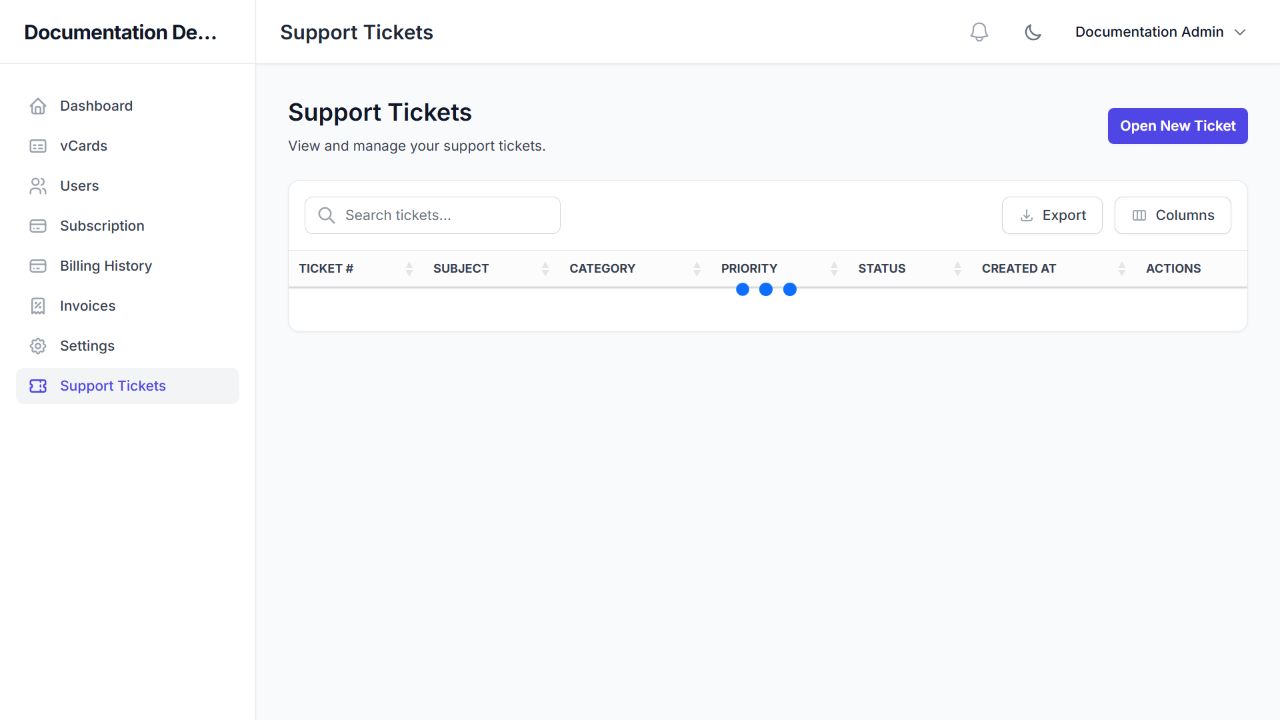 Tenant Support Tickets list before the first request is submitted.