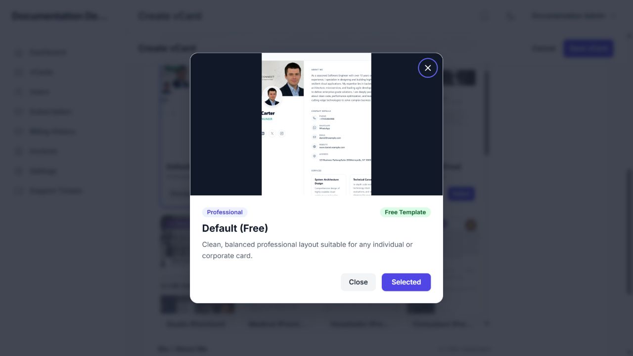 The actual template-preview modal opened from the tenant gallery.