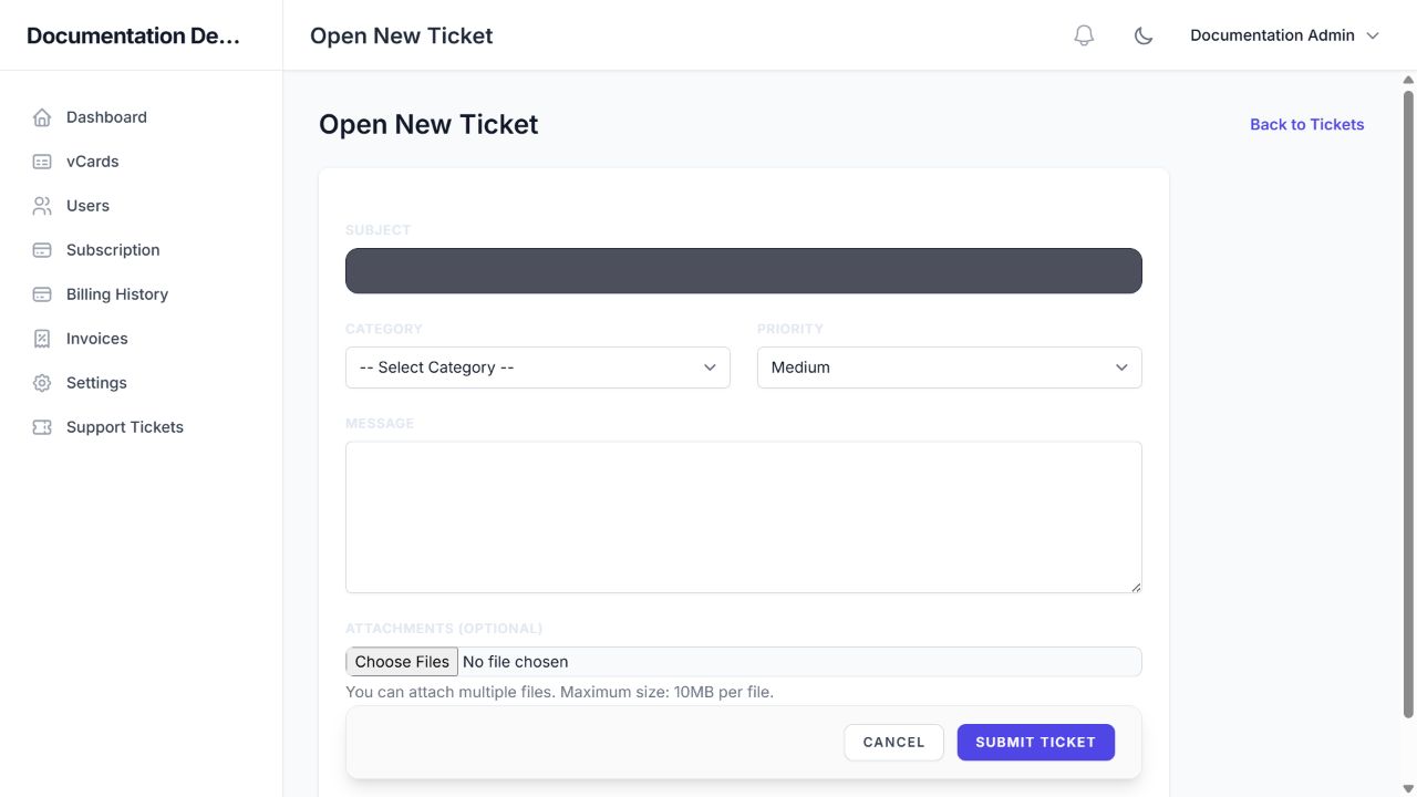 Open New Ticket form: subject, category, priority, message, and attachments.