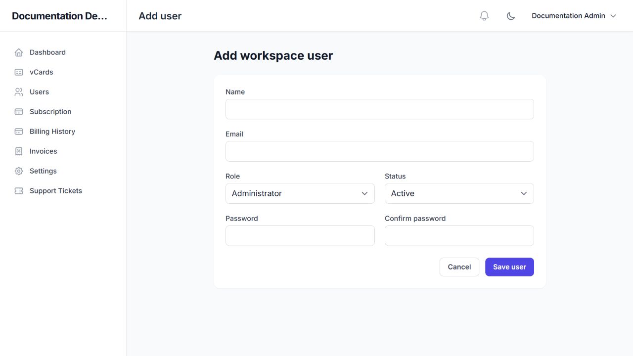 Add workspace user form with role, status, and password confirmation.