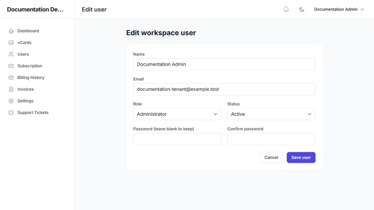 Edit workspace user form; password can be left blank.