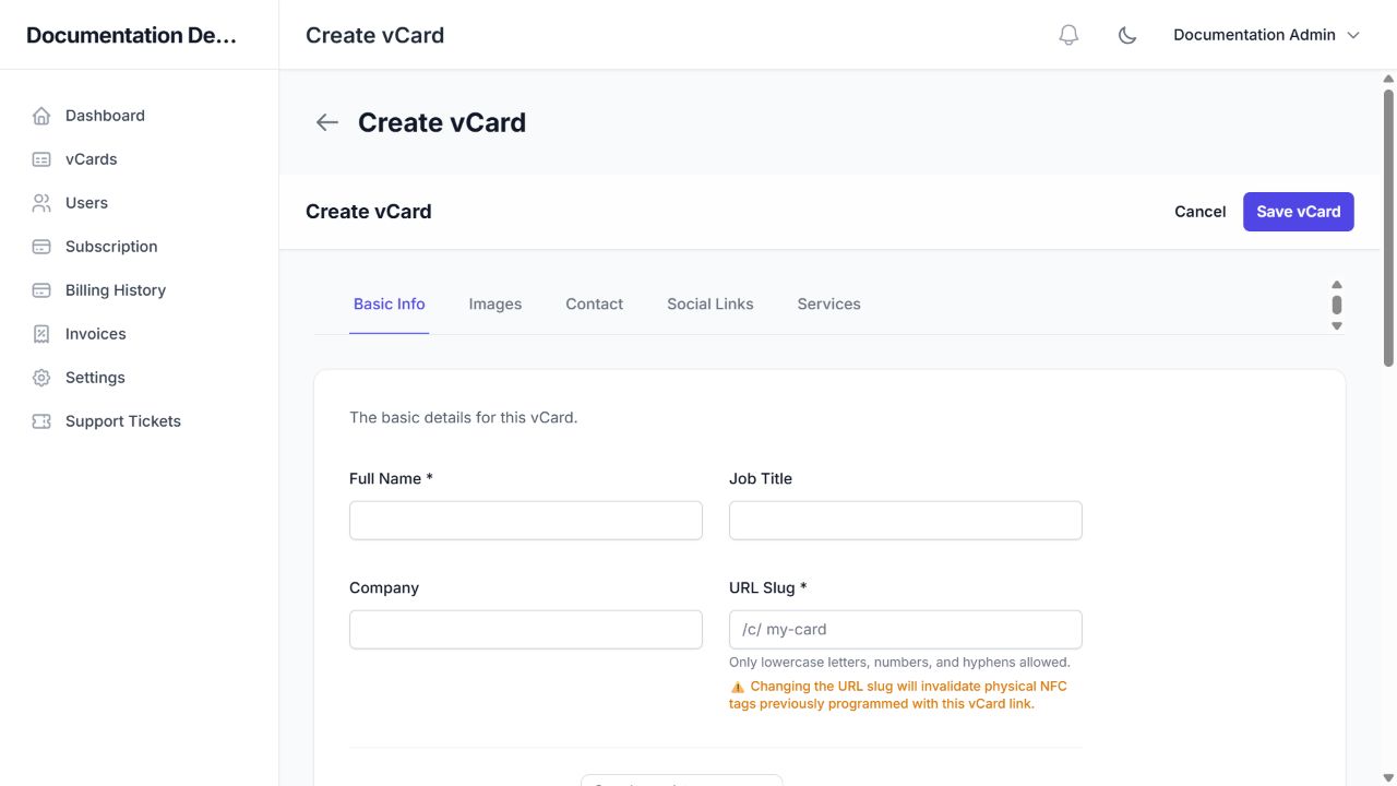 vCard editor → Basic Info, including identity fields and the template gallery.