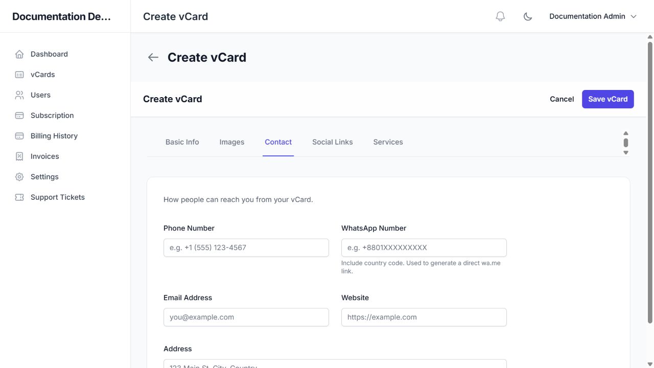 vCard editor → Contact: phone, WhatsApp, email, website, and address.