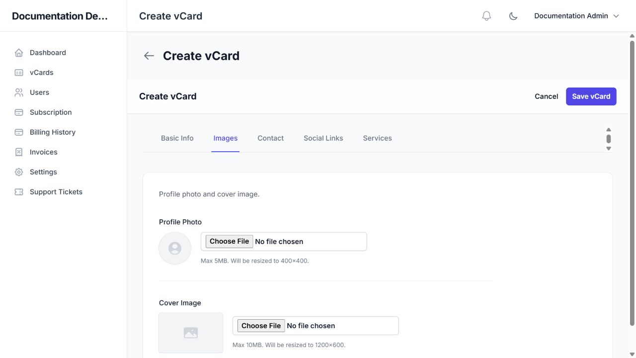vCard editor → Images with profile and cover upload controls.
