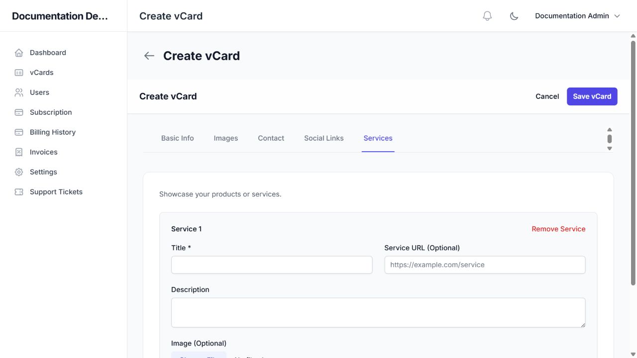 vCard editor → Services after adding a service block.