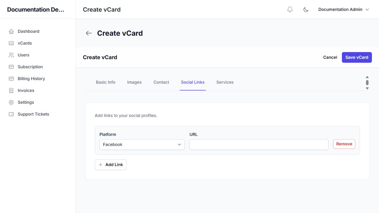vCard editor → Social Links after adding a row.