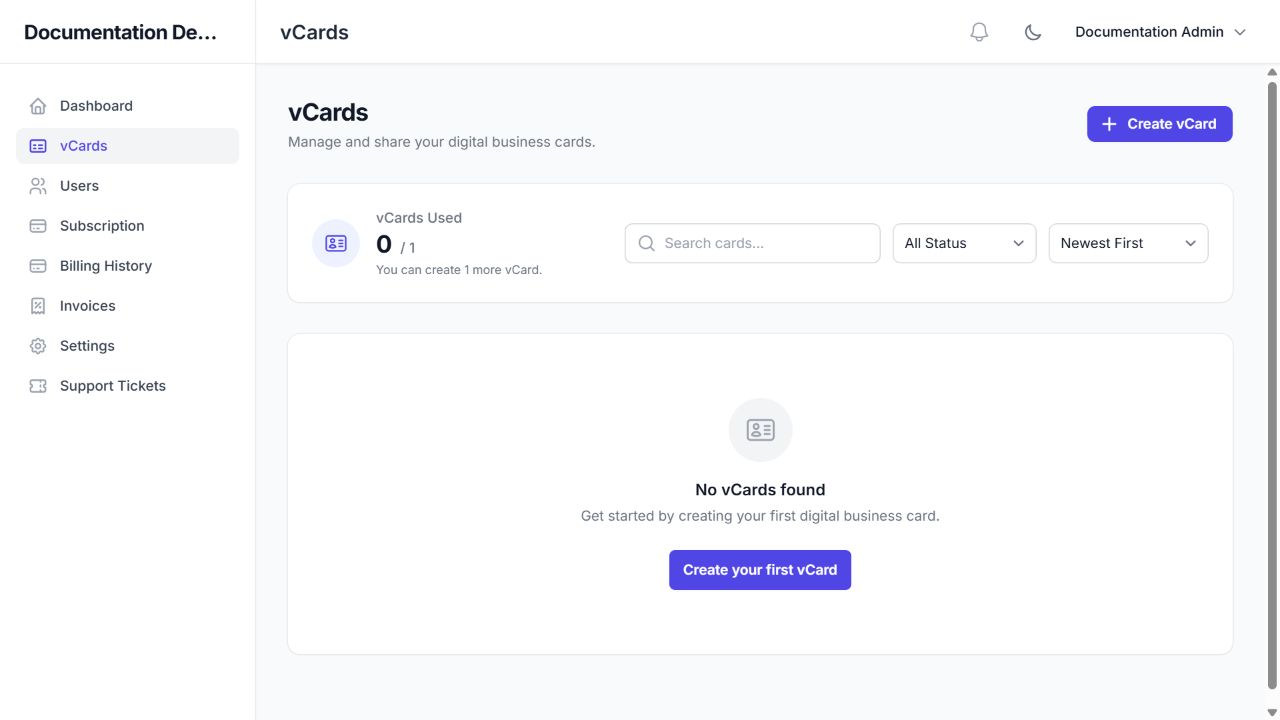 vCards list showing the available quota and first-card creation actions.