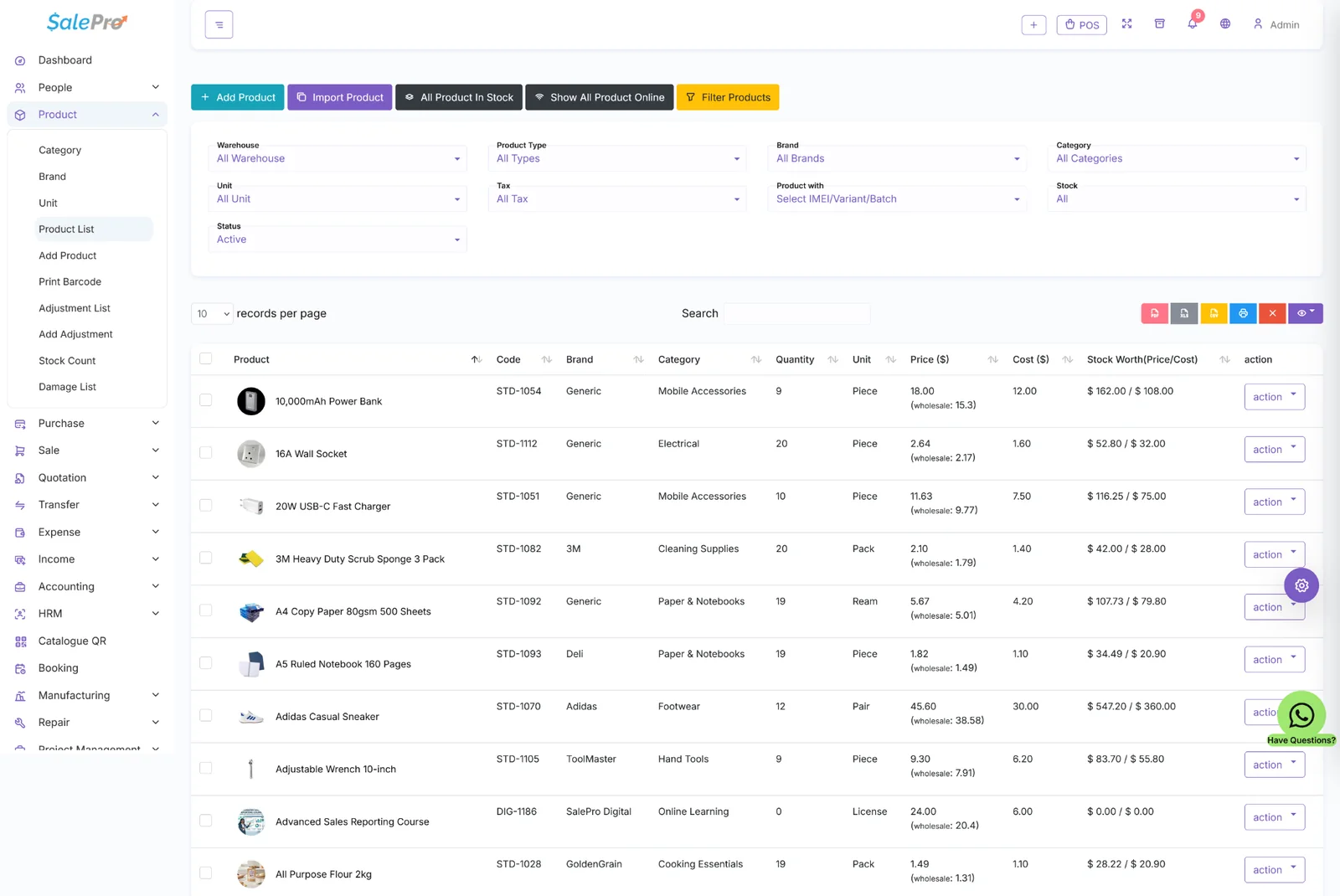 SalePro inventory product list