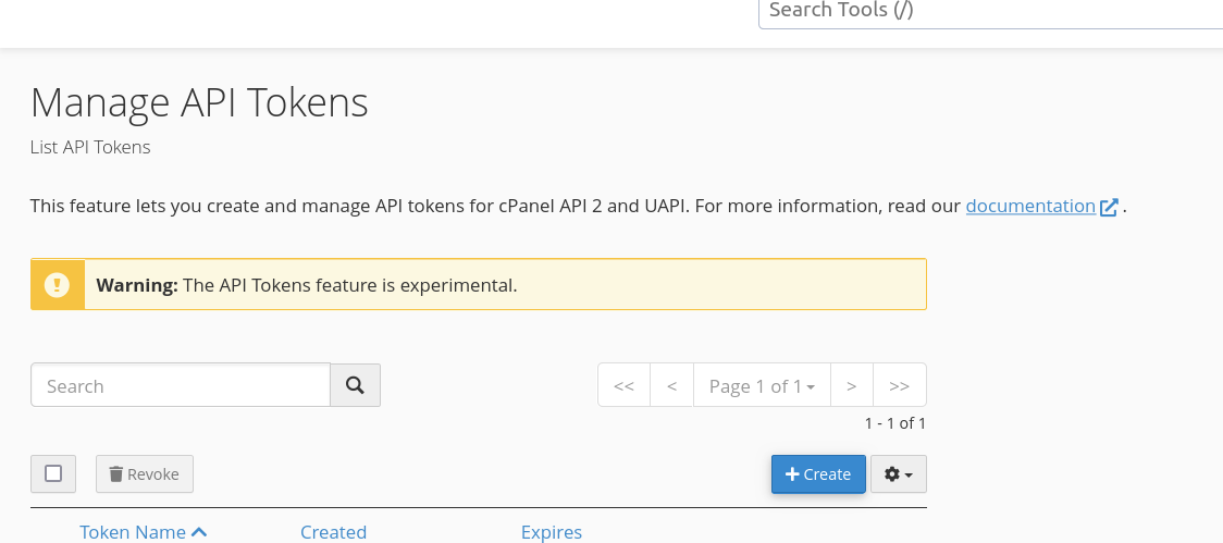 Earlier cPanel Manage API Tokens setup reference